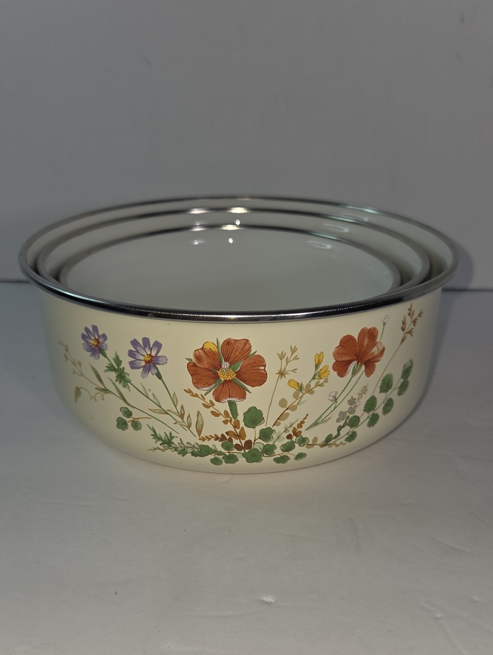 Mikasa Margaux Cream Enamel Mixing Bowls with Orange Floral Pattern - Set Of 3